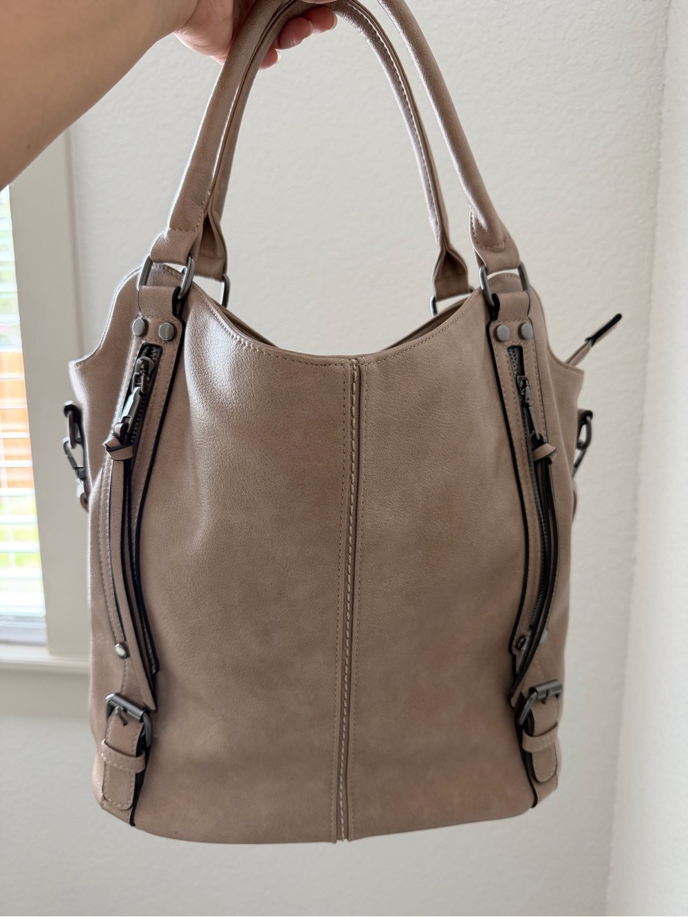 Realer Taupe Shoulder Hobo Bag with Dual Zip Accents